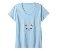 Femme Cute Sleepy Cat Face Adorable Feline Kitty Lover T-Shirt avec Col en V