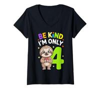 Femme Cute Sloth I'm Only 4 Funny Fourth Birthday T-Shirt avec Col en V