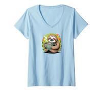 Femme Cute Sloth Morning Coffee Tree Branch Lazy Relax T-Shirt avec Col en V