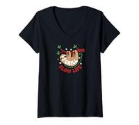 Femme Cute Sloth Sleeping on a Tree Branch Lazy Relax T-Shirt avec Col en V