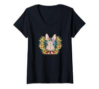 Femme Cute Sunflower Motif for Women - Easter Bunny with Glasses T-Shirt avec Col en V