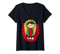 Femme Cute Virgin Mary Cartoon Guadalupe Devotion in Kawaii Form T-Shirt avec Col en V