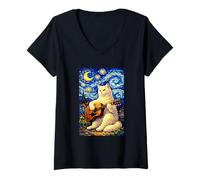 Femme Cute White Cat Playing Guitar Whimsical Art Music Camping T-Shirt avec Col en V