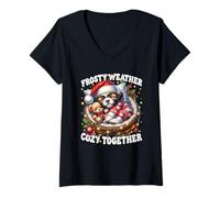 Femme Cute Winter Sayings Christmas Vibes for Shih Tzu Lovers T-Shirt avec Col en V