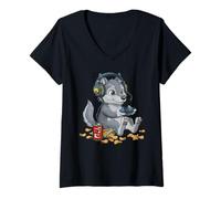 Femme Cute Wolf Manette de Jeu vidéo PC Console Gaming Nerd T-Shirt avec Col en V