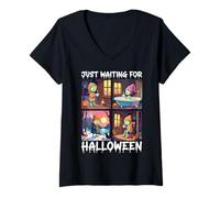 Femme Cute Zombie Just Waiting for Halloween Spooky Autumn T-Shirt avec Col en V