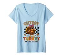 Femme Cutest Turkey at The Table Leopard Bow Thanksgiving for Kids T-Shirt avec Col en V