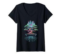 Femme Cyber Bonsaï Arbre Future City Art Streetwear Japonais T-Shirt avec Col en V