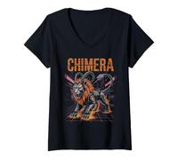 Femme Cyber Chimera Fire Lion Serpent Chèvre Mecha Bête T-Shirt avec Col en V