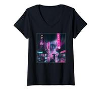 Femme Cyberpunk City Street of Tokyo at Midnight Busan Corée T-Shirt avec Col en V