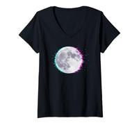 Femme Cyberpunk Glitch Moon - Retro Vaporwave Full, Moon Art T-Shirt avec Col en V