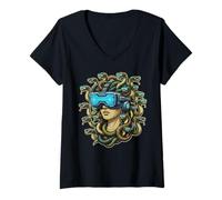 Femme Cyberpunk Medusa VR Casque Mythologie Grecque Drôle Gamer Art T-Shirt avec Col en V