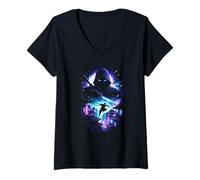 Femme Cyberpunk Ninja Warrior Katana Moon Paysage Urbain Japonais T-Shirt avec Col en V