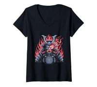 Femme Cyberpunk samurai démon robot fougueux masque guerrier noir T-Shirt avec Col en V