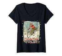 Femme Cycliste Candy Cane Vélo Homme Rétro Vacances d'hiver T-Shirt avec Col en V