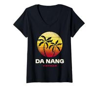 Femme Da Nang Vietnam Rétro Coucher de Soleil Palmiers Plage Tropicale T-Shirt avec Col en V