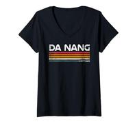 Femme Da Nang Vietnam Vintage Rétro Voyage Rayures T-Shirt avec Col en V
