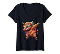 Femme Dabbing Highland Cattle Sunglasses Kids Boys Cow Lover T-Shirt avec Col en V