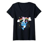 Femme Dabbing Narval Licorne Vintage Baleine Licorne Mignon Narval T-Shirt avec Col en V