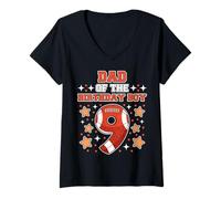 Femme Dad of The Birthday Boy 9 Football Sports Cool 9ème fête T-Shirt avec Col en V