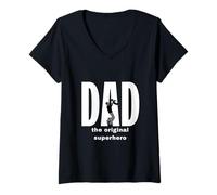 Femme Dad The Original Super Hero Fête des Pères Best Dad Best Father T-Shirt avec Col en V