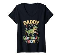 Femme Daddy of The Birthday Party Outfit Dinosaure Retro Dad T-Shirt avec Col en V