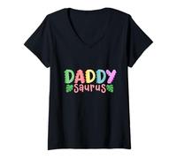 Femme Daddy Saurus Kids Dinosaure Fête d'anniversaire pour famille assortie T-Shirt avec Col en V