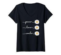 Femme Daisy Plant Peace Love Smile Common Daisy Flower T-Shirt avec Col en V