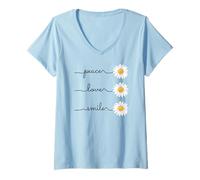 Femme Daisy Plant Peace Love Smile Common Daisy Flower T-Shirt avec Col en V
