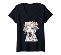 Femme Dalmatien Aquarelle avec Couronne de Fleurs T-Shirt avec Col en V