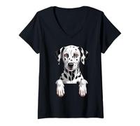 Femme Dalmatien Funny Peeking Pocket Puppy Dog Lover T-Shirt avec Col en V