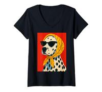 Femme Dalmatien Tendance, Chien dans des Nuances et Une écharpe, Style Artistique Audacieux T-Shirt avec Col en V
