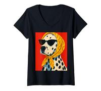Femme Dalmatien Tendance, Chien dans des Nuances et Une écharpe, Style Artistique Audacieux T-Shirt avec Col en V