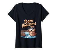 Femme Dam Awesome (Castor in Cool Sunglasses) T-Shirt avec Col en V