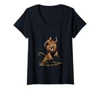 Femme Dame avec Animal de Compagnie Lion T-Shirt avec Col en V