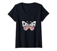 Femme Dana Butterfly - Word Art personnalisé avec nom Mignon T-Shirt avec Col en V