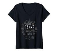 Femme Danke Merci Gracias Grazie Multilingue T-Shirt avec Col en V