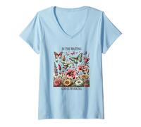 Femme dans l'attente, Dieu Travaille, Floral Vintage, Christian T-Shirt avec Col en V