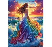 Femme dans une robe arc-en-ciel au coucher du soleil 300 Pièces Puzzle Personne Âgée En Carton Rigide Paysages et science-fiction Facile Débutant Anti-Stress Stimulation Cognitive Loisir Créatif Petit