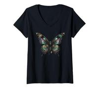 Femme Dark Fantasy Steampunk Butterfly Illustration T-Shirt avec Col en V
