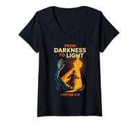 Femme Darkness to Light Christian Gothic 1 Pierre 2:9 Verse biblique T-Shirt avec Col en V
