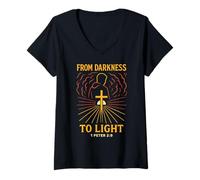 Femme Darkness to Light Verse biblique Christian Peter 2:9 Born Again T-Shirt avec Col en V