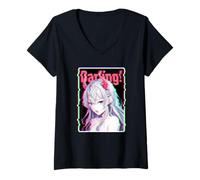 Femme Darling Anime Glitch Devil Horns, Manga rétro Vaporwave Girl T-Shirt avec Col en V