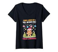 Femme Das Leben Ist Viel Besser Mit Einem Lebkuchen Bonhomme Noël T-Shirt avec Col en V