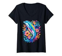 Femme Dauphin coloré Fleur Tropicale Pop Art Ocean Beach Lover T-Shirt avec Col en V