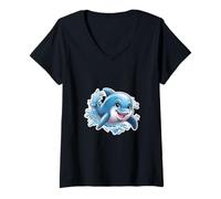Femme Dauphin heureux nageur éclaboussures dessin animé animaux marins graphique T-Shirt avec Col en V
