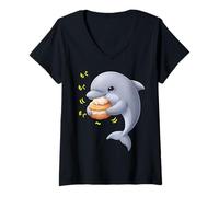 Femme Dauphin Kawaii Munching Happily Funny Cétacés Poisson T-Shirt avec Col en V
