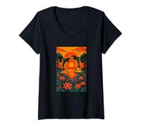 Femme Dauphins au Coucher du Soleil avec Fleurs de Lotus, océan Nature Art T-Shirt avec Col en V
