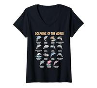 Femme Dauphins du Monde Carte des espèces éducatives sur la Vie Marine T-Shirt avec Col en V