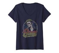 Femme David Bowie - Chiens de Diamant T-Shirt avec Col en V, Bleu Marine, M